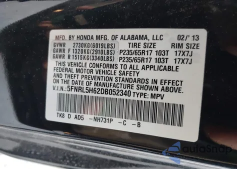 2013 Honda Odyssey Ex-L z USA, uszkodzony, nr VIN 5FNRL5H62DB052340